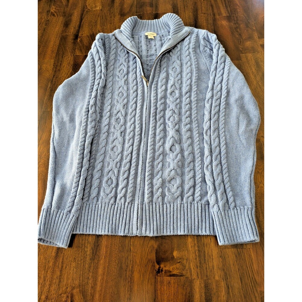 L.L.Bean Cable Knit Full Zip Sweater Size L Blue 100% Cotton Cardigan Cozy